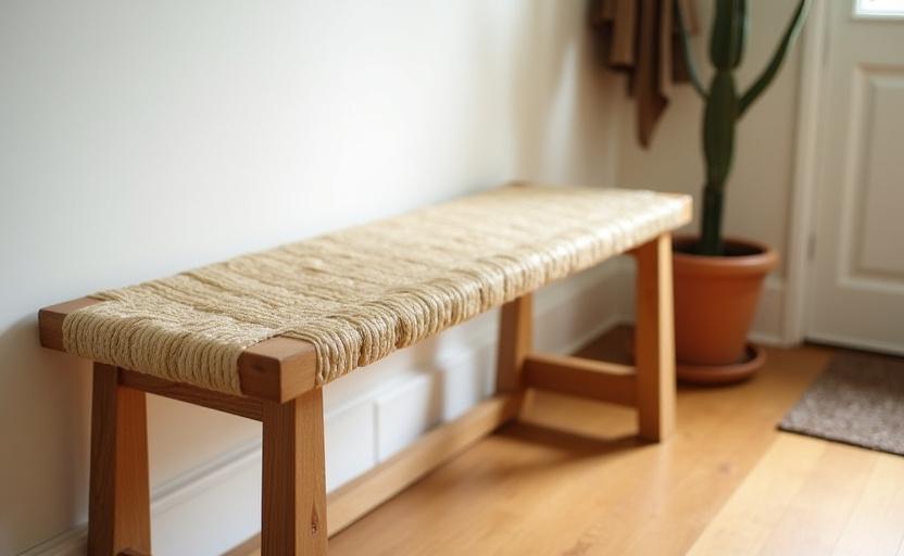 Banc d'entrée avec assise en corde tissée et structure en chêne.