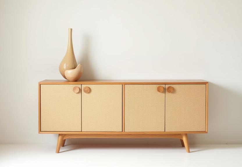 Buffet bas avec portes en cannage et structure en hêtre.